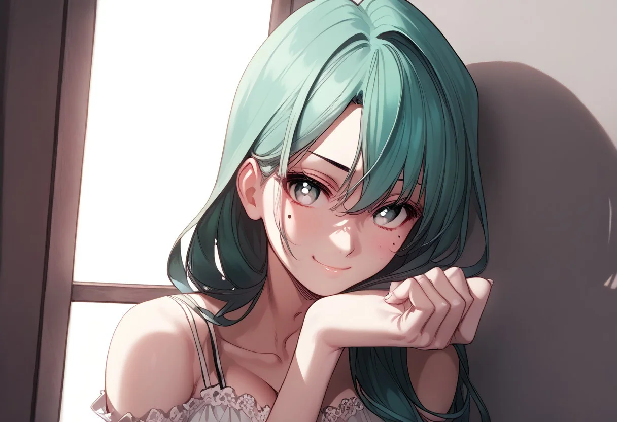 abbystea style, (score_9, score_8_up, score_7_up, highest score, best quality:1.2), zPDXL3, good_hands, hi-res. 8k, 1girl, green hair, long hair, giant breasts, white eyes, mole under eye, BREAK white dress, revealing clothing, smirk BREAK incoming punch BREAK dramatic lighting, indoors, perfect hands, perfect eyes, (high quality:1.1), (ultra detailed:1.1), Expressiveh, mature woman