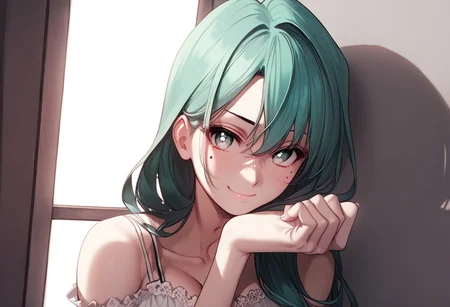 abbystea style, (score_9, score_8_up, score_7_up, highest score, best quality:1.2), zPDXL3, good_hands, hi-res. 8k,  1girl, green hair, long hair, giant breasts, white eyes, mole under eye, BREAK  white dress, revealing clothing, smirk BREAK incoming punch  BREAK  dramatic lighting, indoors, perfect hands, perfect eyes, (high quality:1.1), (ultra detailed:1.1), Expressiveh, mature woman