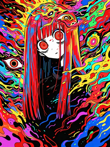 perfect composition, very awa, jaggy lines, limited palette, spot color, colorful, acid_trip, abstract background,
1girl, upper body, solo, multicolored hair, straight hair, red eyes, wide eyes, <lora:vivid:0.6>
