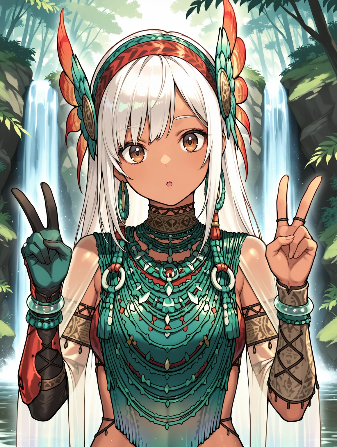 uth duna female armor,1girl,orange feather headdress,green loincloth,orange halterneck,orange asymmetrical gloves,see-through long sleeves,tribal earrings,waterfall,upper body,:o,white hair,brown eyes,solo,nature,looking at viewer,double v, head tilt,
masterpiece,best quality,amazing quality,very aesthetic,absurdres,newest,<lora:Uth Duna Armor illuXL v1.4:0.77>,<lora:wai-2Rectified-V140:0.7>,
