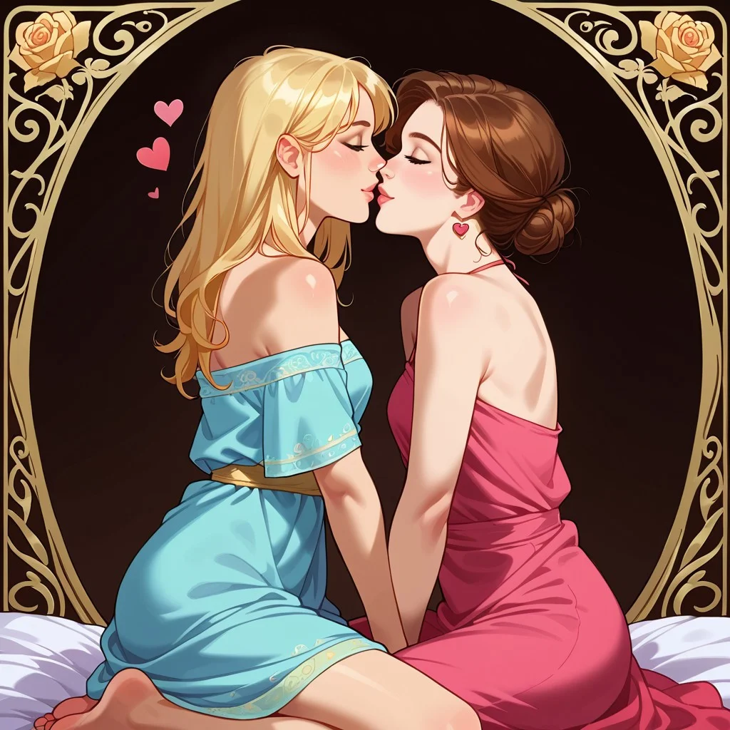 realistic, high quality, summer, 2 cute sexy beautiful female, 18 years old, snuggle, in love, tunic, cowboy shot, kneeling, looking at each other, skinny girls, firm bodys, profile, Valentine background, flickering hearts, rose, intimate, pastel colours, tints of yellow, golden outlines