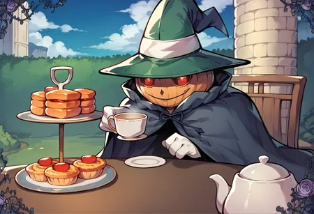 score_9, score_8_up, score_7_up, source_anime, <lora:Teatime-pdxl_Fp:1> table, food, cup, teacup, teapot, outdoors, sky, chair, sitting, <lora:PyroJackSMT-pdxl:1> pjSMT, pokemon \(creature\), no humans, red eyes, closed mouth, smile, witch hat, green headwear, cloak, cape, white gloves
