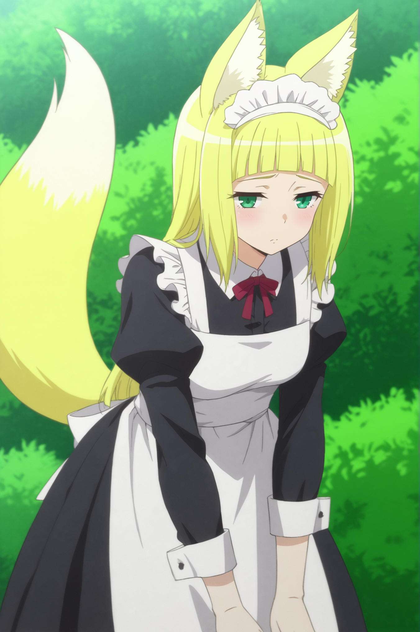 <lora:Haruhime_Sanjouno:0.7>, Haruhime Sanjouno, 1girl, solo, long_sleeves, dress, tail, outdoors, puffy_sleeves, black_dress, apron, maid, leaning_forward, fox_tail, white_apron, maid_apron, head_out_of_frame, bush <lora:sdxl_lightning_4step_lora:1>