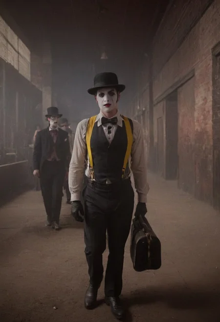 cinematic shot of gang walking in a grand 1800s railroad station, dirty 1970s philadelphia, menacing gaze, wearing black-pants, yellow suspenders, red bow tie, high dark purple cowboy hat, white mime, glitter blue-shirt, dramatic shadows, high resolution, carrying guitar cases
