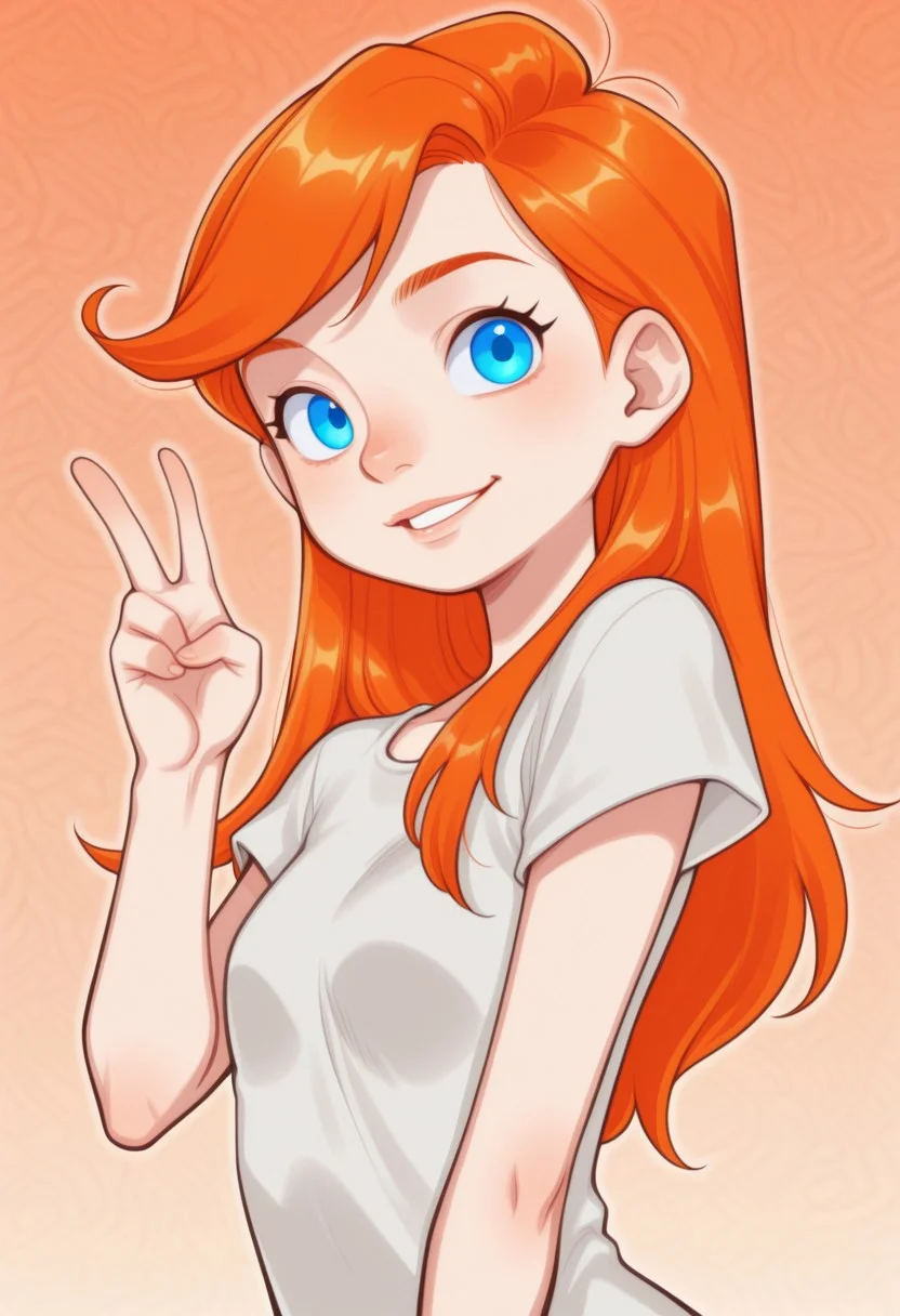 Riley_Daring, orange hair, blue eyes, long hair, 1girl, solo, looking at viewer, smile, dynamic pose, parted lips, v, upper body, posing, pose, abstract background, dynamic angle, c7ilf,