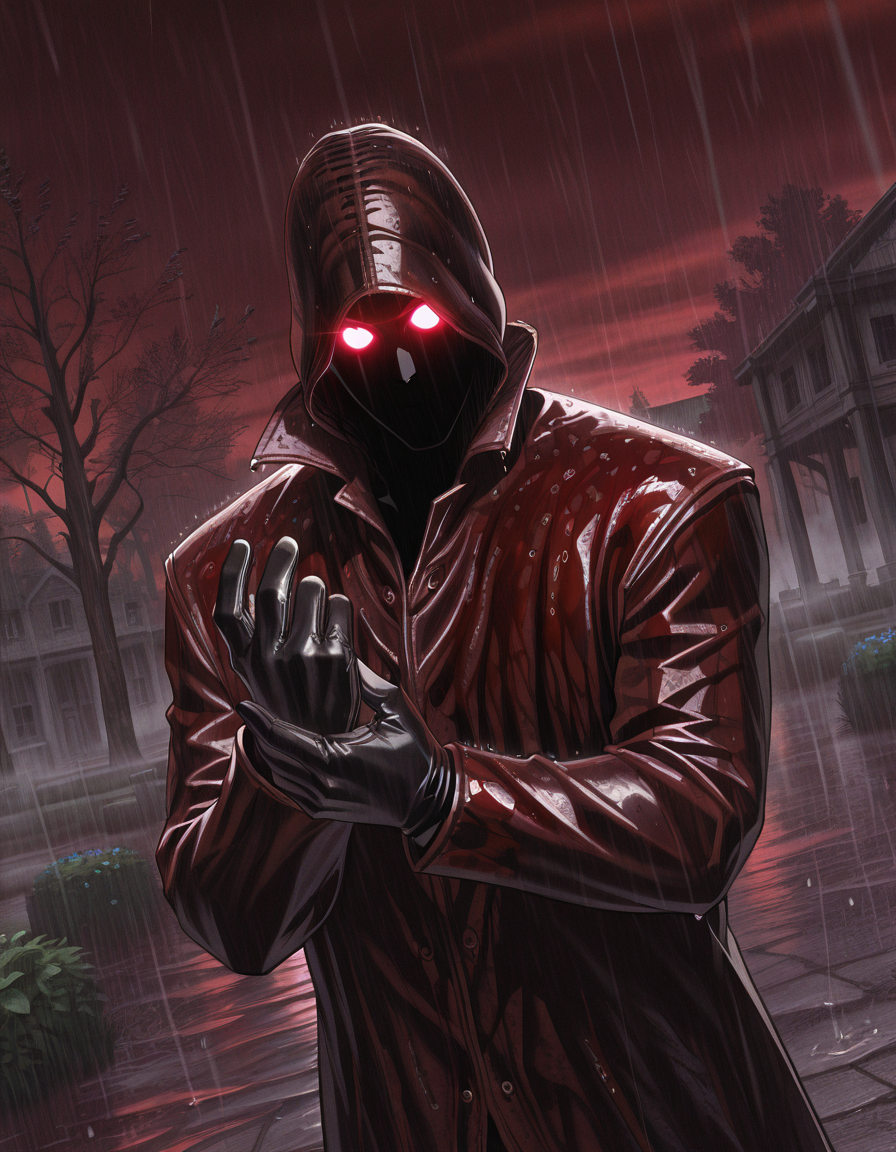 Masterpiece, anime, pastel, hires, detailed face and eyes, ultra quality, Beautiful background, garden, sharp quality, 1boy, dp_killer, solo, {{very glowing eyes}}, coat, rain, <lora:Deadly_Premonition_raincoat_killer:1> blood on coat, Gesture of denial , glowing , glove, Dutch angle, bust body, corpses around, red sky, fog, dynamic  pose, surrealism, red tree, gesture no, close-up,