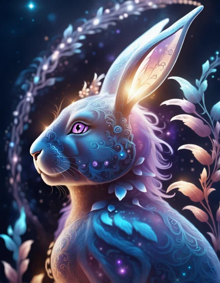 a fantasy hybrid creature, bunny, nebula, sparkling colors, purple and blue, highly detailed, beautiful lighting, ethereal, mystical, 8k,  vibrant colors, beautiful backlighting,<lora:<lora:DTStyle:1>:1> DTstyle,