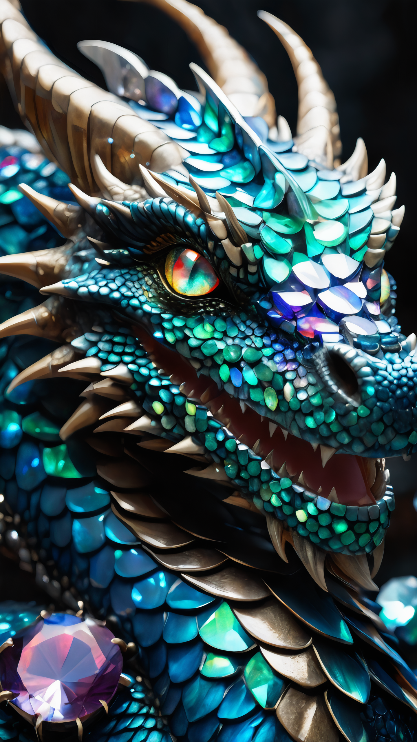 A beautiful portrait photograph of a dragon with diamond and gemstone scales, opal eyes, cinematic, gem, diamond, crystal, fantasy art, hyperdetailed photograph, shiny scales, 8k resolution