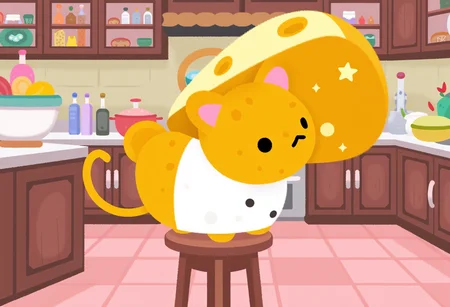 pikaole of, a mouse disguised as a chef is standing on a stool in a fancy kitchen, stealing a large wedge of Parmesan from the counter