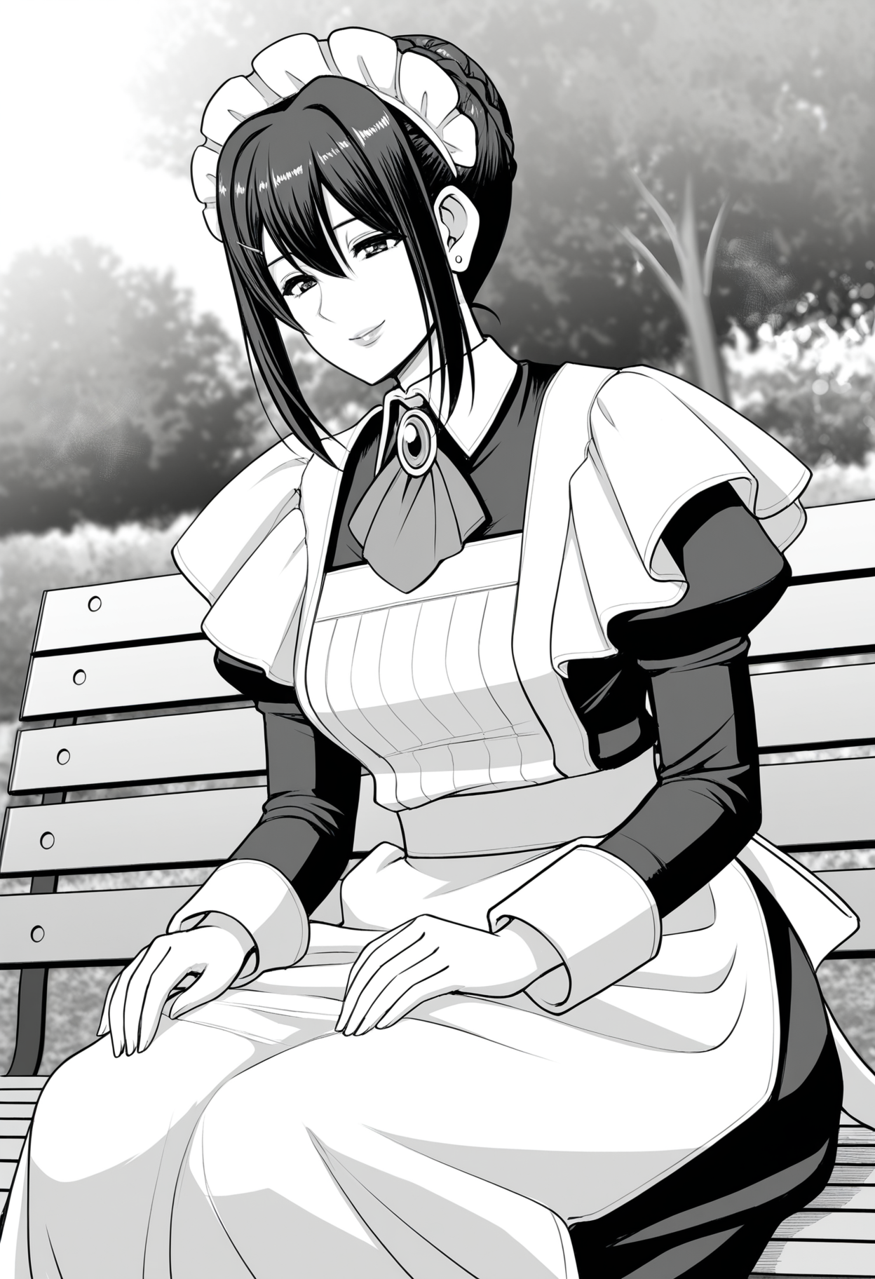 1girl, solo, <lora:Misato Kanako [Illustrious] Maid no Oshigoto:1>, MisatoKanako, hair bun, hairclip, earrings, maid headdress, brooch, ascot, dress, juliet sleeves, long sleeves, maid apron, smile, detailed eyes, detailed body, detailed lips, outdoors, park, on bench, hands on own knees, sunlight, depth of field, newest, scenery, volumetric lighting, dynamic pose, monochrome, greyscale