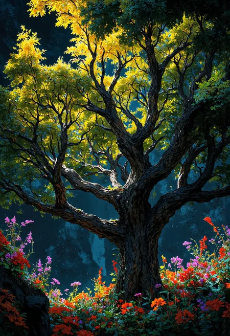 Backlight, Raindow vibrant theme, abstract anime paint art of a beautiful tree , vibrant colors, Makato shinkai anime style, translucent, by Jesper Ejsing, by RHADS, Makoto Shinkai,