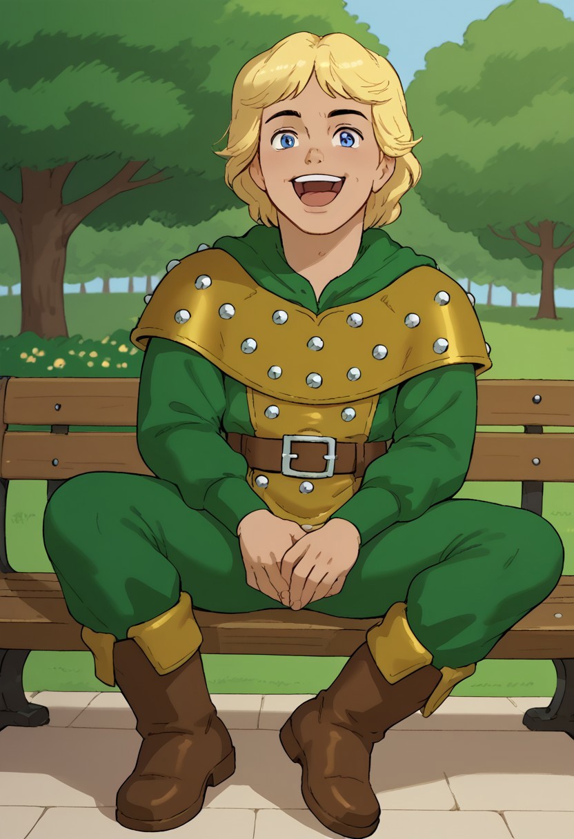 score_9, score_8_up, score_7_up, highly detailed, cute boy, 1boy, solo, 1boy, male, hanktheranger, Blonde Hair, shoulder-length Hair, slightly wavy Hair, Blue Eyes, Green tunic, golden leather armor, leather armor decorated with silver studs, green pants; brown leather boots; wide brown belt with a metallic square buckle, Laughing, wide open mouth, cheerful and lively, Front-facing, head tilted slightly upward, hand in belly, slightly bend body, 1boy, male focus, male, young adult, solo, CuteCartoonStyle, dynamic pose, expression, sitting, bench, park