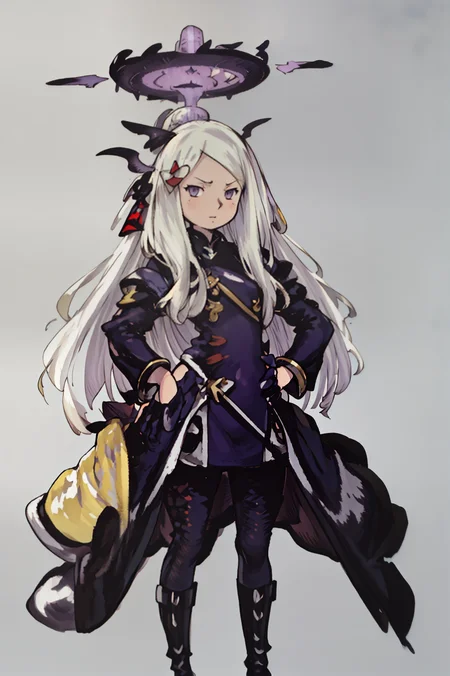 (Yoshida_Akihiko_PonyXL_style_v02.10.01:1.0), solo, 1girl, (chibi:0.3), gray background, halo, hina, hands on hips, puple eyes, low wings, (Bravely Default Style), yoshida akihiko, purple eyes, <lora:pony\char\game\ba\hina.pony.safetensors>, <lora:pony\style\Yoshida_Akihiko_PonyXL_style_v02.10.01.safetensors>, <lora:styles\yoshida_akihiko_offset.safetensors>, <lora:styles\BravelyDefault.safetensors>, <checkpoint:[Pony] ponyRealism_v21MainVAE.safetensors>, <checkpoint:[SD15] tfmCutesyAnime2_genesis.safetensors>