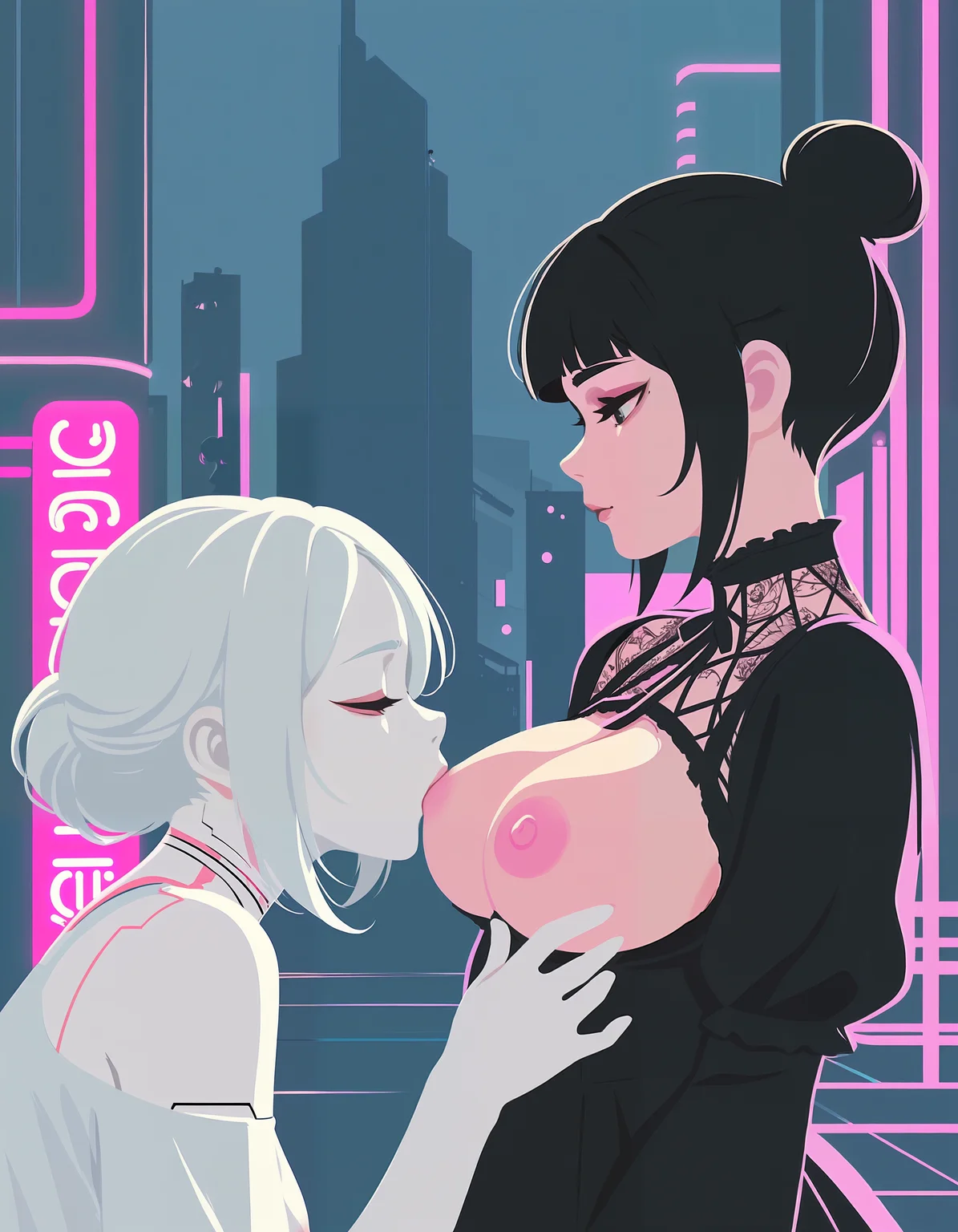 minimalistic, flat color, no lineart, 2girls, side view, silhouette, lesbian, sucking on nipples, large breasts, hard pink nipples, black hair bun, cute face, tattoos, heavy gothic make-up, intricate gothic outfit, sheer shirt, pale white skin, cyberpunk city, colorful neon lights