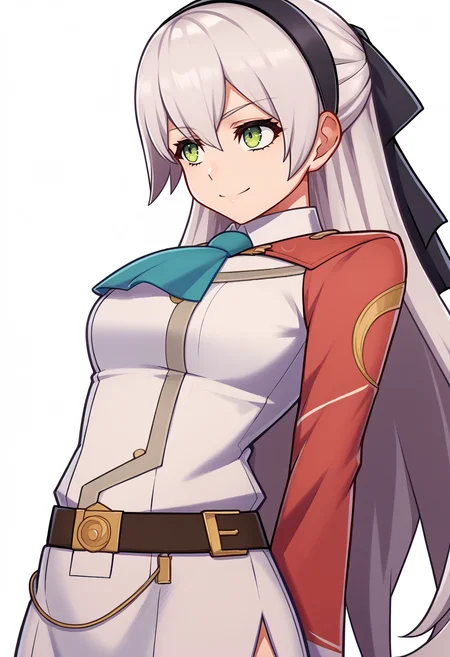 score_9, score_8_up, score_7_up, source_anime BREAK 1girl, solo,
<lora:zs_EngagePortraitsXL:1> engageportraits, portrait, white background,
<lora:elie-pdxl-nvwls-v1:1> zeroElie, white hair, black hairband, hair ribbon, long hair, ascot, uniform, long red sleeves, white dress, pencil skirt, belt, smile, close up, hands behind back
