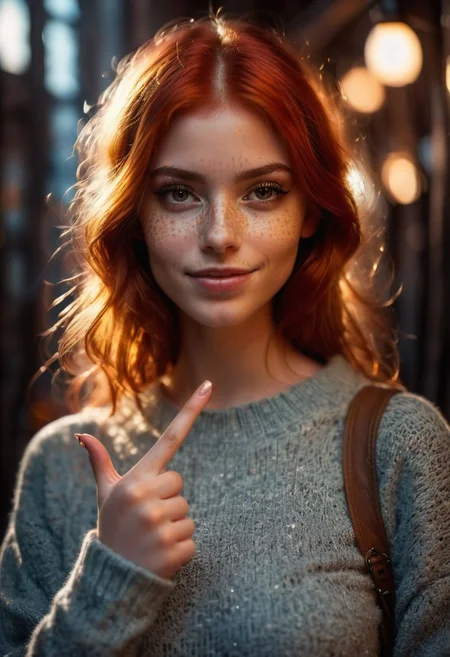 score_9, score_8_up, score_7_up, 23yo redhead girl, showing a gesture with her hand, 
BREAK
photography, intricate details, cinematic lighting, perfect shading, realistic