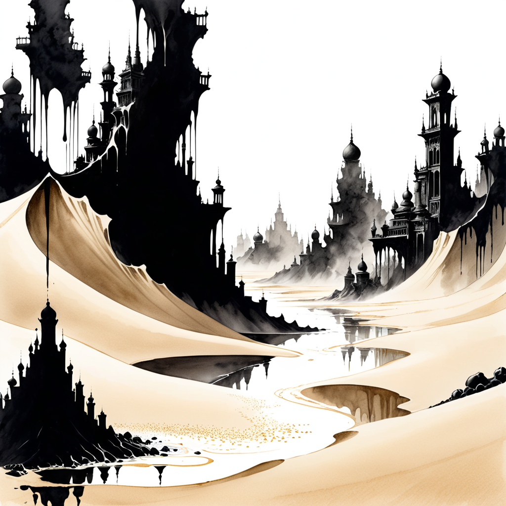 Ink Dripping Drawing of Invisible Cities in the Shifting Sands <lora:add-detail-xl:0.85>, ink drawing, ink splash, ink wash, dripping ink