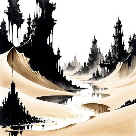 Ink Dripping Drawing of Invisible Cities in the Shifting Sands <lora:add-detail-xl:0.85>, ink drawing, ink splash, ink wash, dripping ink