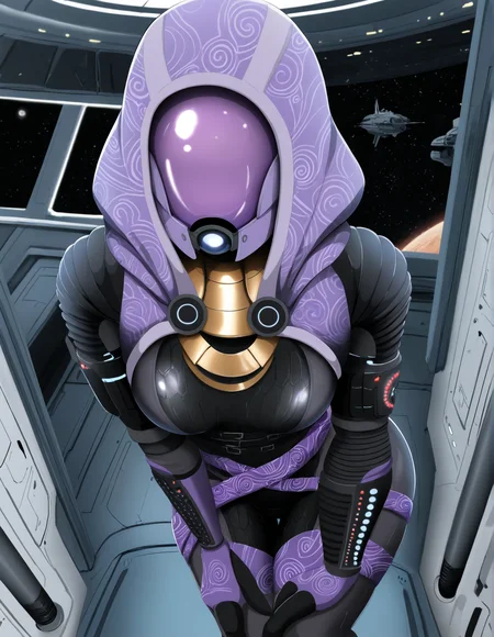 <lora:tali'zorah_noobv11eps_v1:1> (masterpiece, best quality, highres, absurd res, newest), (by ishiru, kindo:1.1), (tali'zorah, quarian:1.2), alien, alien humanoid, (3 fingers:1.2), 2 fingers, (belt:1.2), biped, bodysuit, clothed, clothing, female, fully clothed, hood, mask, motion lines, not furry, pattern clothing, skinsuit, solo, standing, tight clothing, detailed background, inside, spacecraft interior, spacecraft, three-quarter portrait, breasts, wide hips, medium breasts, (upper body:1.1), tall female,âââ eyeless, (knock-kneed, pose, pinup:1.1), (hand on knees:1.1) , from above, high-angle viewâââ