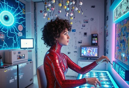 woman side profile, showered with australian money cash currency falling in front of her face, she has a wild look in her eyes like she has just won a jackpot in a very clean white room science experiment, woman of 18 years old with brunette bangs in anervous system and veins bodysuit, curly hair sitting at a modern slot machine. She has no face and only skin for a face. She is surrounded by multi colored bolts of high intensity electricity and lightning as well as holograms of futuristic cubes projecting around the room with eyeballs inside them