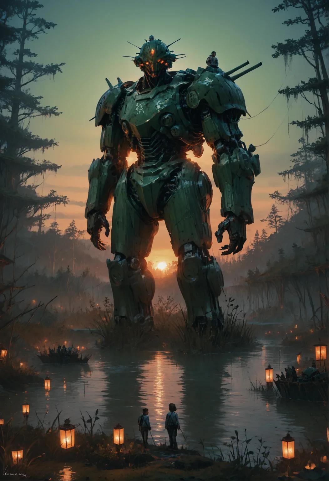 score_9, score_8_up, score_7_up, <lora:MechaForge-000003:1> m3chaf0rge, giant, giant mech, mecha, bipedal mech, science fiction, sunset, full body, legs, swamp, wetland, people,