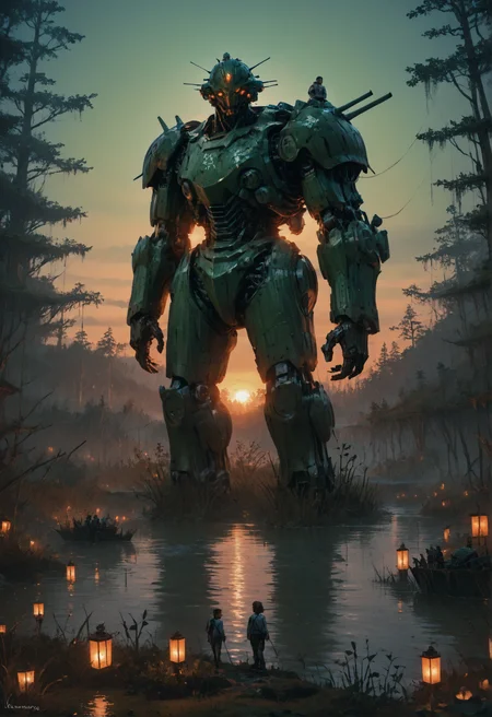 score_9, score_8_up, score_7_up, <lora:MechaForge-000003:1> m3chaf0rge, giant, giant mech, mecha, bipedal mech, science fiction, sunset, full body, legs, swamp, wetland, people,