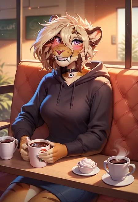 Score_9, score_8_up, score_7_up, score_6_up, fantasy art, 1girl, anthro sabertooth tiger, smooth, smiling, black hoodie, happy look, sitting in cafe with you, looking at you, cup of coffee, smiling, blushing