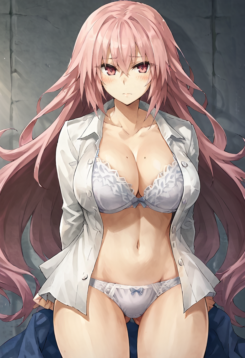 score_9, score_7_up,  1girl, 
solo, huge breasts, wide hips, thick thighs, hair between eyes, panties, open clothes, pink eyes, open shirt, shirt, very long hair, white bra, arms behind back, looking at viewer, underwear, bare shoulders, cleavage, white panties, long hair, thighs, collarbone, blush, bra, breasts, closed mouth, navel, eyes visible through hair, pink hair, long sleeves, white shirt, ass visible through thighs, cowboy shot, curvy
 <lora:Konoe-Otsugu-Style-PonyXL-GLoRA-000046:1>