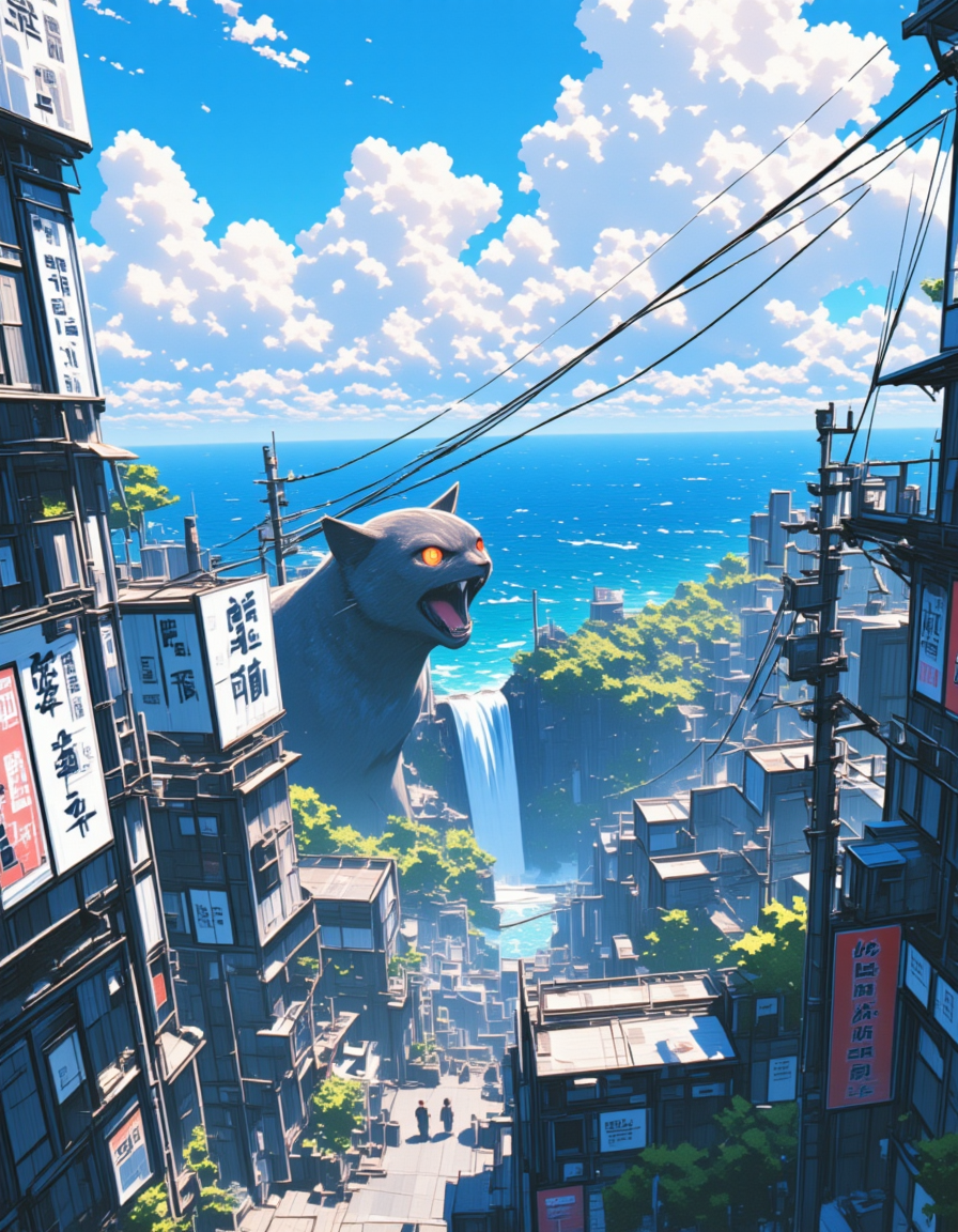<lora:CWWalls1fluxb:1> wabkg, animation world, animation style. In a town by the sea, on the surface of buildings walls there are some kanji billboards. Day with blue sky and many white clouds. Kanji. From above the shoulder view. From side. Vegetation. People. Electric poles and wires. Beautiful blue sea scenery in the distance. Downside view. T10, waterfall, waves, fire bubbles, bokeh, HID16, giant cat, open jaw, glowing eyes, furious, claws, enormous, huge,