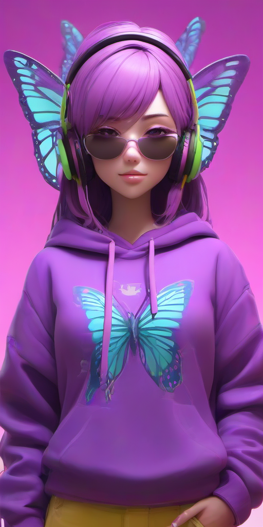 Masterpice,High Quality,portrait,3d,3d animation,
 <lora:PE_ButterflyLady:0.7> PEButterflyLady, 
wearing a hoodie,headphones,sunglasses,