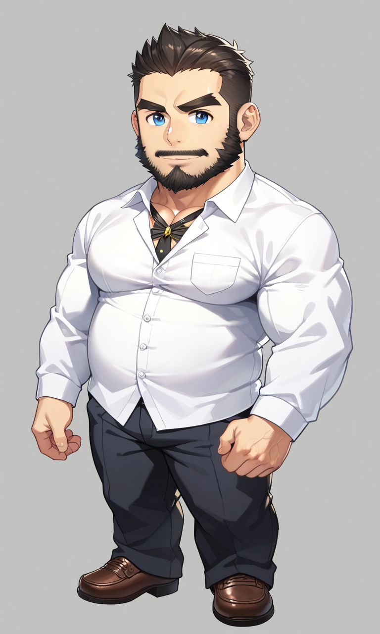 masterpiece, 1boy, solo, sd_male, sd_male, chibi, overweight, muscular male, bara, thick eyebrows, beard, full body <lora:SDmale_V1b:1>