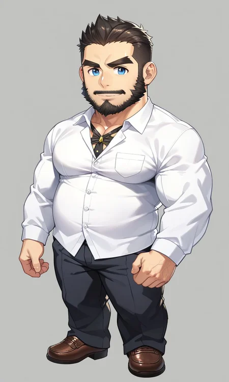 masterpiece, 1boy, solo, sd_male, sd_male, chibi, overweight, muscular male, bara, thick eyebrows, beard, full body <lora:SDmale_V1b:1>