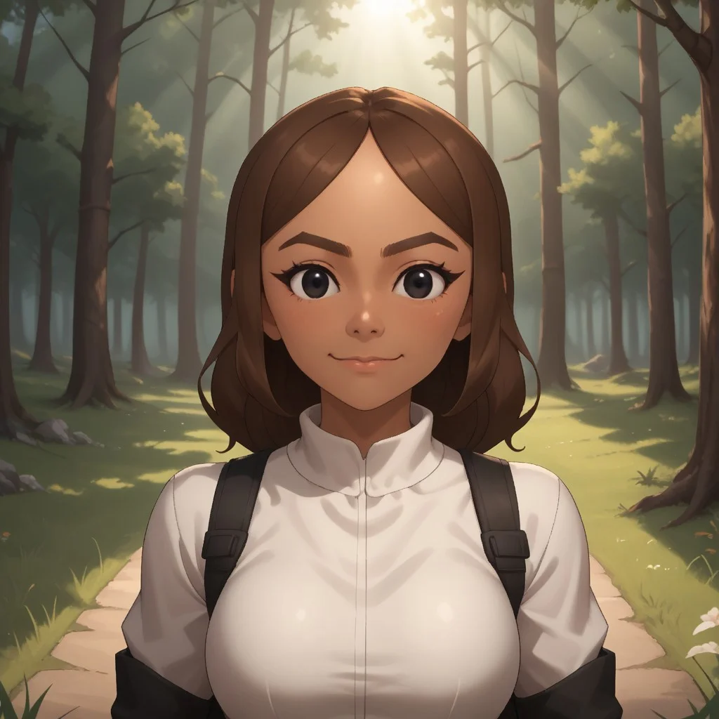 score_9, score_8, BREAK, solo, mii, wii, wii sports, female mii, 1girl, brown hair, black eyes, brown eyebrows, dark skin, blush, black clothing, black pants, breasts, cute, Chika_(Wii_Sports), nintendo mii, modern_mii, classic_mii, sexy pose, smile, outdoors, sunlight, shadows, evening lighting, natural lighting, forest, trees, grass, orange sky, sunset