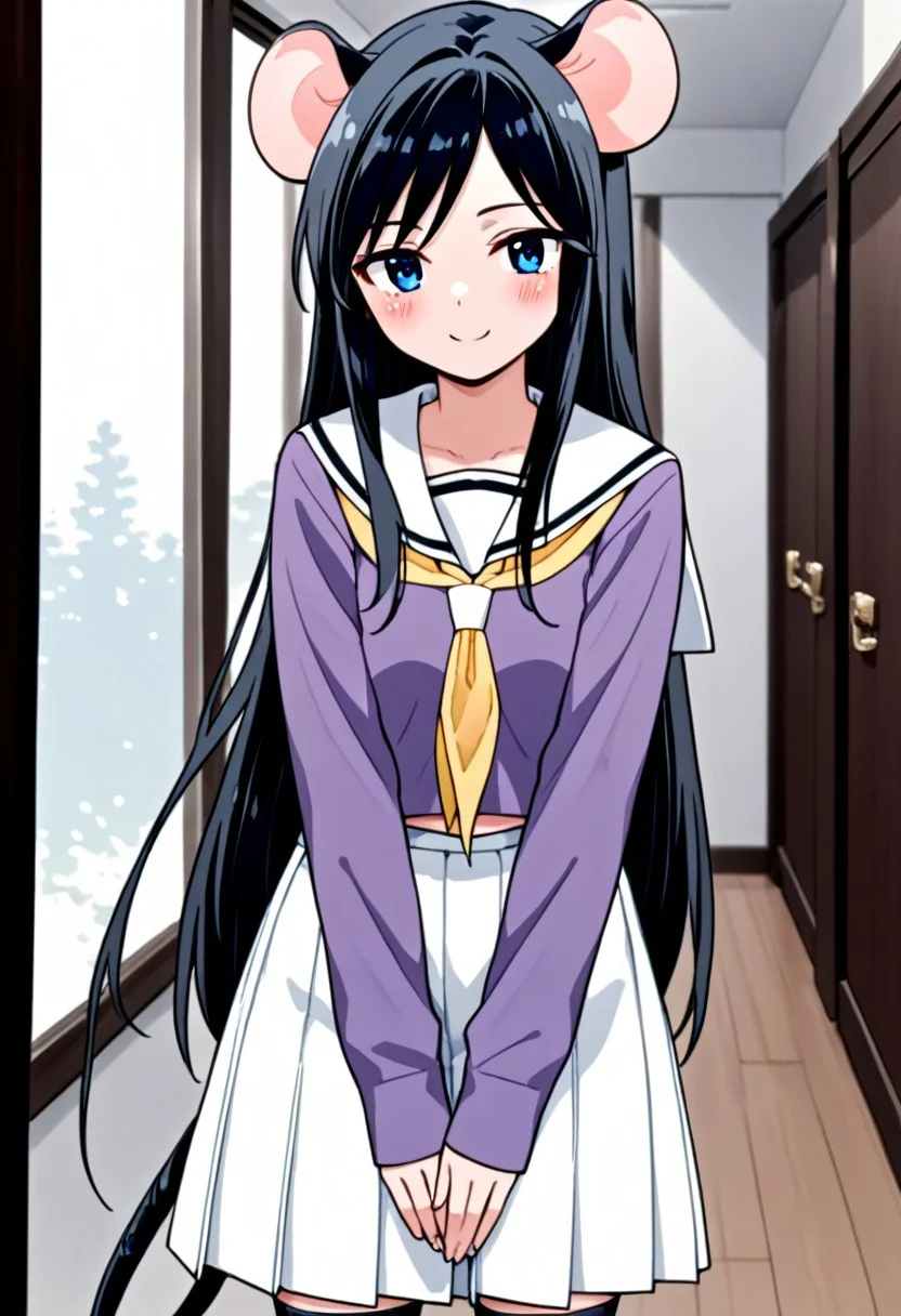 score_9, score_8_up, score_7_up, score_6_up, score_5_up, score_4_up,, 1girl, solo, original anime, Hadano Miki, long and black hair, wide chest, mouse tail (blue eyes: 1.2)
Skirt, pleated skirt, seraphuku, white long skirt, shirt, purple shirt, sailor neck, white sailor neck, long sleeves, handkerchief, yellow handkerchief, stockings to the knee,
Smiling, standing, blushed in the middle of a hallway