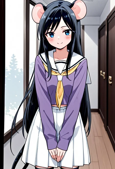score_9, score_8_up, score_7_up, score_6_up, score_5_up, score_4_up,, 1girl, solo, original anime, Hadano Miki, long and black hair, wide chest, mouse tail (blue eyes: 1.2)
Skirt, pleated skirt, seraphuku, white long skirt, shirt, purple shirt, sailor neck, white sailor neck, long sleeves, handkerchief, yellow handkerchief, stockings to the knee,
Smiling, standing, blushed in the middle of a hallway