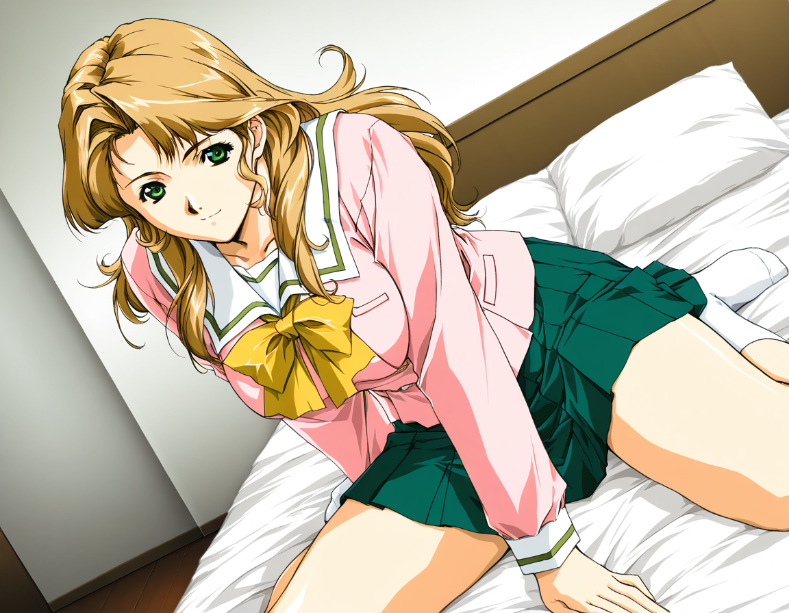 masterpiece, best quality, good quality, <lora:Maejima_Kaori_IS:1>  horibe hiderou style,
Maejima_Kaori,1girl, long hair, blonde hair,green eyes, large breasts, 
solo, school uniform, green skirt, pink jacket, serafuku, long sleeves, pleated skirt, bow, looking at viewer, shirt, Yellow bow,
 solo, bed, school uniform, socks, sitting, skirt, long sleeves, brown hair, serafuku, bow, pleated skirt, white socks, pillow, indoors, dutch angle,