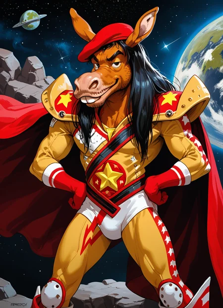 score_9, score_8_up, score_7_up, score_6_up, score_5_up, score_4_up, source_cartoon, the fonkey, 1boy, furry male, equine, animal ears, donkey, buck teeth, solo, male focus, long hair, black hair, red burette, red gloves, yellow bodysuit, red beret, red gloves, knee boots, red cape, looking at viewer, hands on own hips, space, star, sci-fi
