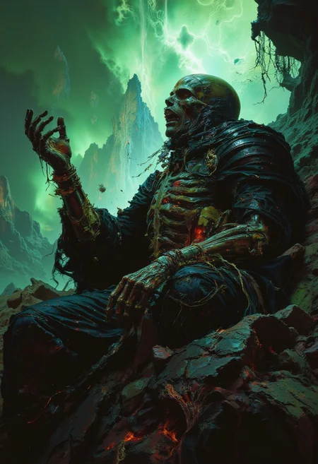 detailed photorealistic image, close up of skeleton warrior raising, skeleton body, rusted torn armour, swirling necrotic glitched green magic energy, night, twisted woods, tundra, aurora borealis , directional lighting, masterpiece, perfect composition, ,drkfnts style