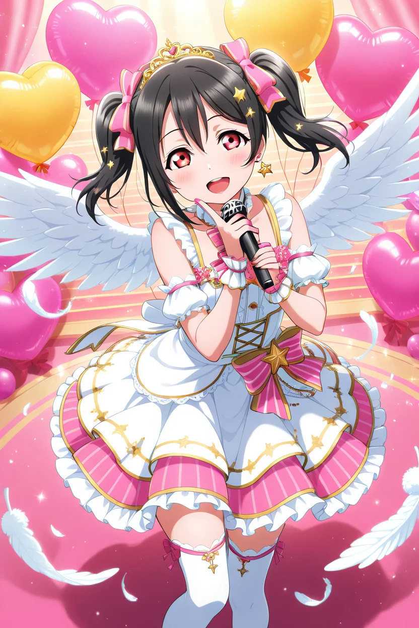 masterpiece, best quality, 1girl, solo, eyelashes, (beautiful eyes), 1girl, angel wings, balloon, bare shoulders, black hair, blush, bow, character name, collarbone, dress, earrings, feathered wings, frilled dress, frills, hair ornament, hairclip, heart, heart balloon, holding, holding microphone, idol, jewelry, long hair, looking at viewer, m/, microphone, nail polish, open mouth, pink nails, red eyes, ribbon, sleeveless, sleeveless dress, smile, solo, stage, star (symbol), star hair ornament, striped, striped bow, thighhighs, tiara, twintails, vertical stripes, white thighhighs, white wings, wings, wrist cuffs, x hair ornament, yazawa nico, ,<lora:LoveLiveSchoolIdolFestivalAllStarsIXL:1.0>,