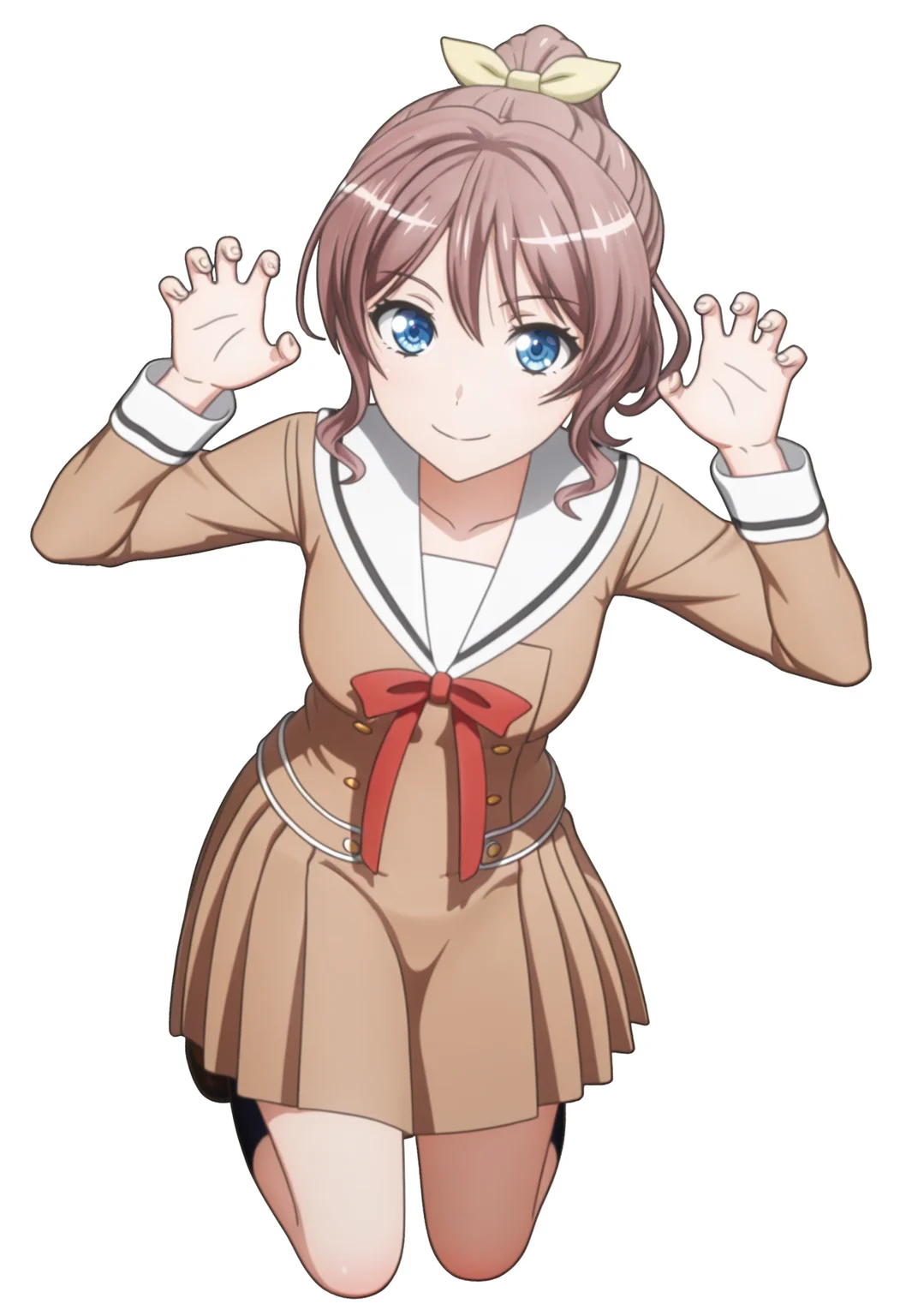 best quality, masterpiece, anime screencap, simple background, solid white background, 1girl, solo, looking at viewer, full body,
<lora:S4aya:1> brown hair, ponytail, blue eyes, s4aya, yamabuki saya, yellow ribbon, hair ribbon, smile, hanasakigawa school uniform, brown skirt, claw pose,