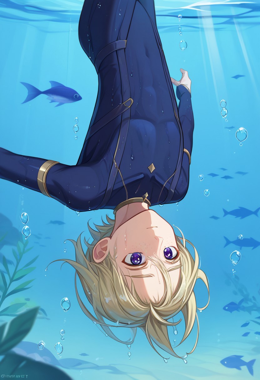 score_9, score_7_up, source_anime 
freminet, 1boy, male focus, solo, purple eyes, blue eyes, blonde hair, freckles, diving suit, wet, wet hair,
diving, air bubble, bubble, light rays, underwater, fish, swimming, upside down
outdoor, upper body,
