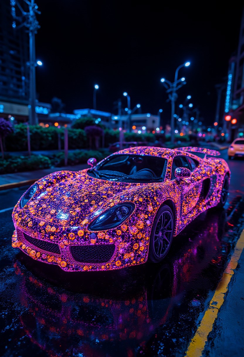 a supercar covered in neon mold, city background, nightlife setting, contrast
