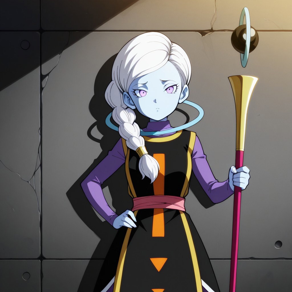 masterpiece, best quality, break, kusu_db, blue skin, white hair, long hair, single braid, purple eyes, hand on hip, holding staff