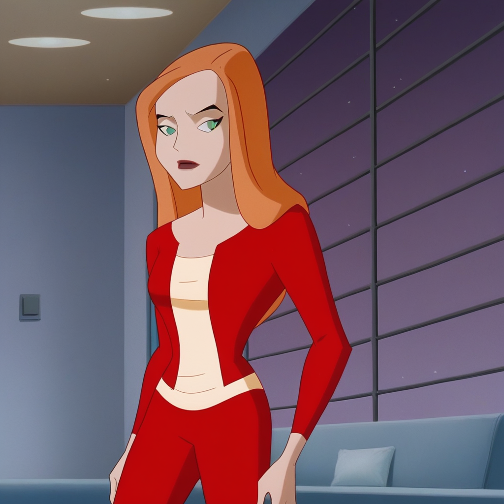 score_8_up, BREAK, jackiewallace, 1girl, solo, orange hair, long hair, green eyes,  lipstick, jacket, long sleeves, shirt, red pants, cowboy shot, indoors,  <lora:JackieWallace_PXL_Leaf1:1>,