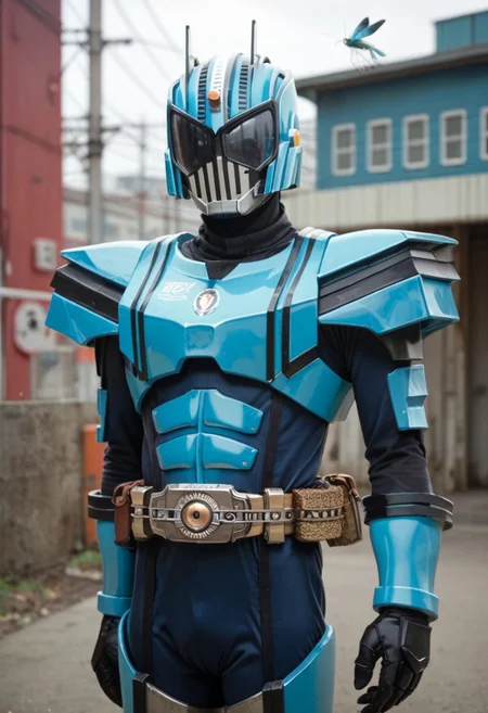 score_9, score_8, score_7, diend, solo, armor, tokusatsu, bodysuit, helmet, rider belt, Grasshopper, Steam Locomotive, cyan armor,