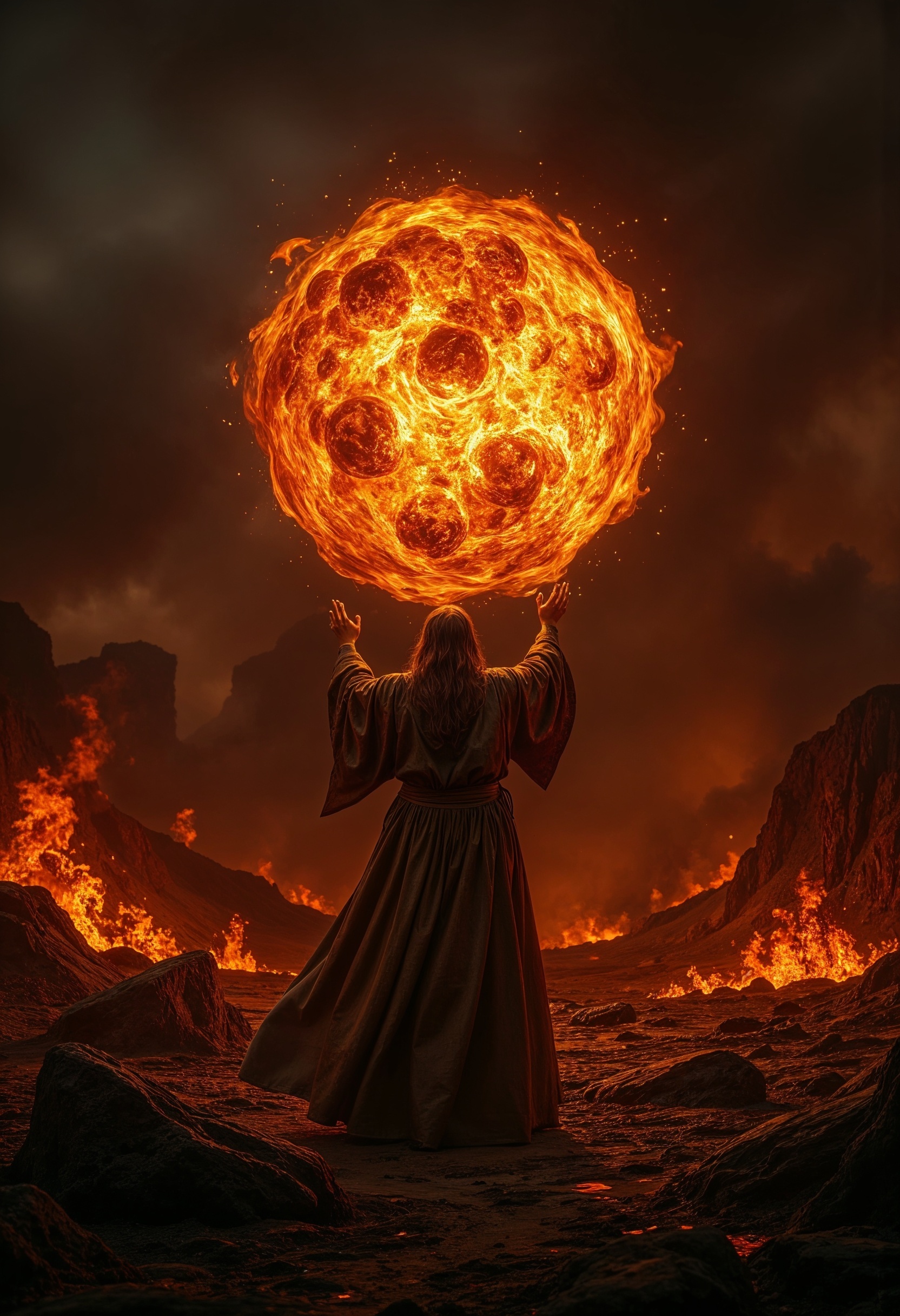 R3alism, A formidable mage, garbed in flowing, ember-glowing robes, stands at the center of a desolate, scorched battlefield. The mage channels a blazing fireball, its searing flames illuminating the dark, smoke-filled air with intense, flickering light. The scene is charged with a fierce, elemental energy and a sense of impending destruction. Rendered in a Photographic style with a 135mm lens, capturing the fiery explosion's vivid details and dramatic contrasts.  <lora:FluxMythR3alism:1>