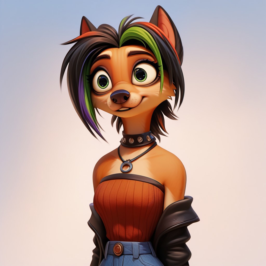 digital_media_(artwork) hi_res, score_9, score_8_up, score_7_up, score_6_up, score_5_up, score_4_up, rating_safe, beautiful, intricate, high quality details, highly detailed, amazing quality, anthro, furry, female, detailed textured fur, fur tufts, fluffy,  cute, cute face, small, detailed sexy eyes, solo, SFW, dingo, expressive, sassy, long sleeveless halter neck sweater, baggy denim pants, clothed slim, clothed slender, clothed skinny, multicolored hair, streaked hair, absurdres, highres, goth, heavy eyeliner, heavy eye shadow, breasts, fingerless gloves, sleeveless leather jacket, vivid colors, by zazush-una
