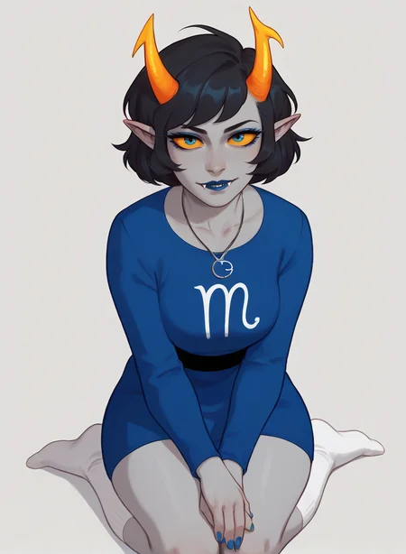 ,score_9, score_8_up, score_7_up, masterpiece, , line art, portrait, anime,, detailed, <lora:Expressive_H:0.45> Expressiveh, <lora:Aranea_serket-000015:0.7> , 1girl, black hair, short hair, yellow sclera, gray skin, pointy ears, horns, aranea serket, blue dress, collarbone, long sleeves, white kneehigh socks , fangs, makeup, necklace, blue eyes, thick thighs, skindentation, on knees, curvy , looking at viewer, close-up, blue nail polish, ,gray background,