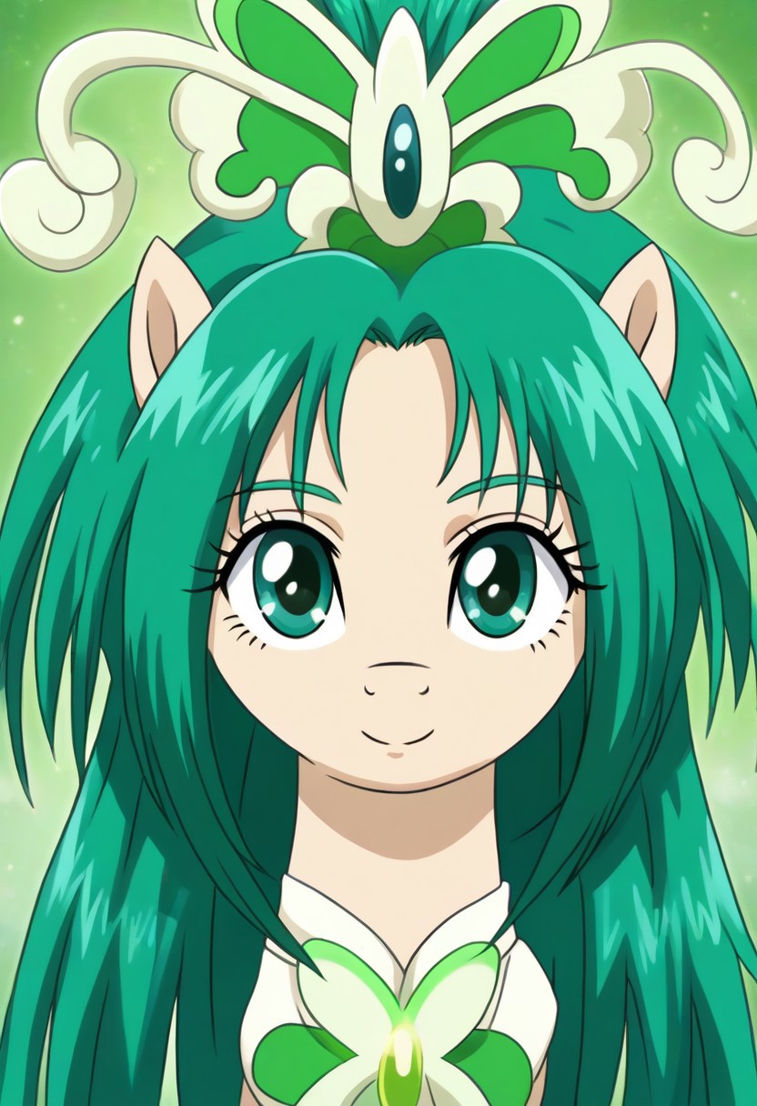 detailed background, green hair,, shiny skin,green eyes,<lora:curemint.pony:1>, curemint, solo,