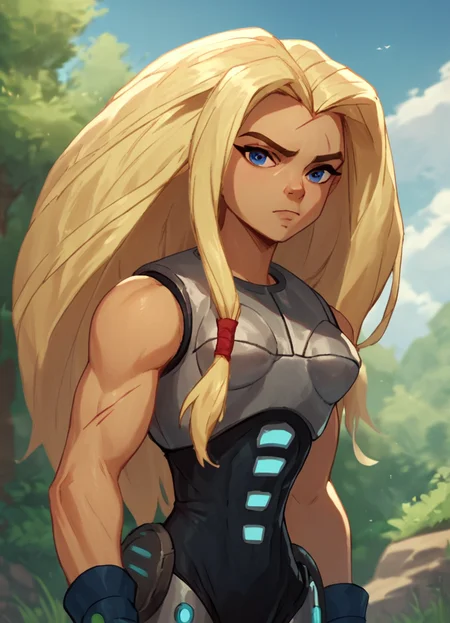 <lora:TorunnPony2.0:0.9> torunn, 1girl, long hair, blonde hair, solo, blue eyes, bodysuit, breastplate, score_9, score_8_up, score_7_up, score_6_up, score_5_up, score_4_up, looking at viewer, outdoors,